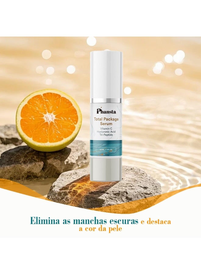 Phansta Total Package Serum, 30ml, combines Vitamin C, Hyaluronic Acid, and Tripeptide for synergistic brightening and firming. - Image 2